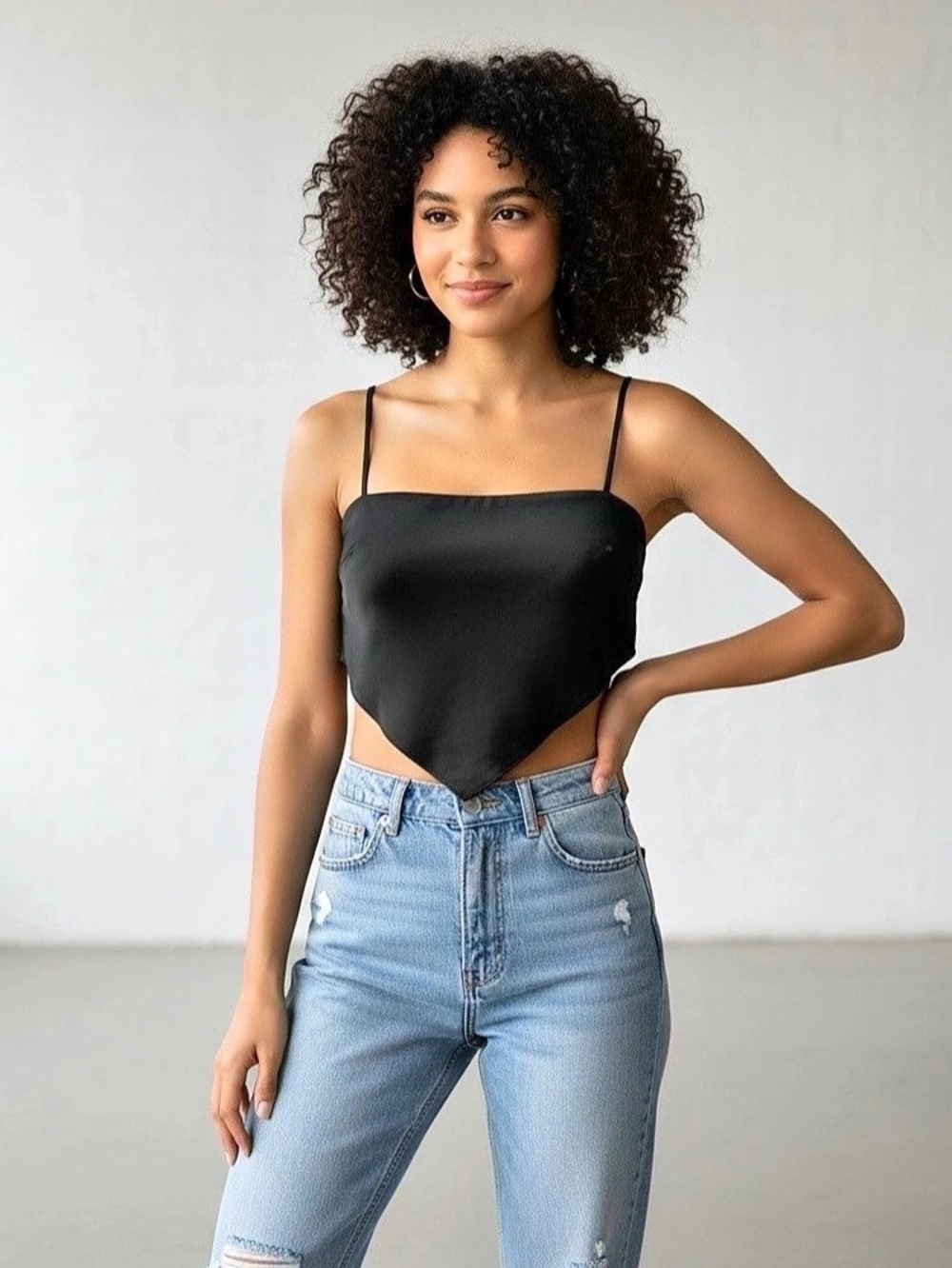 H&M Black Satin-Look Crop Top Size Large Like New